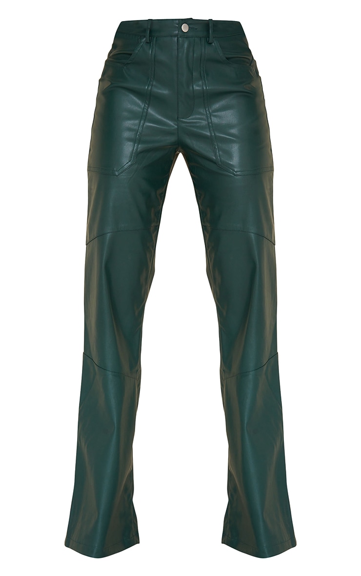 Bottle Green Faux Leather Seam Extreme Wide Leg Pants image 5