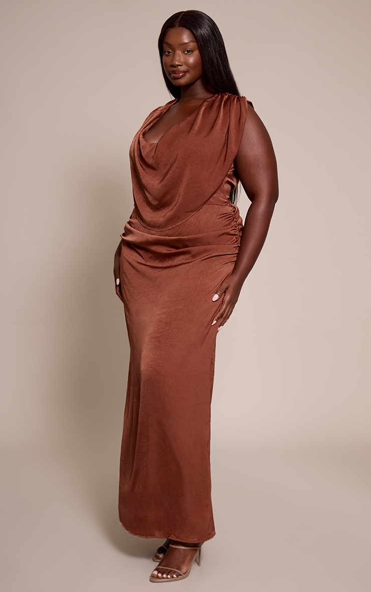Plus Chocolate Crushed Satin Cowl Neck Maxi Dress image 3