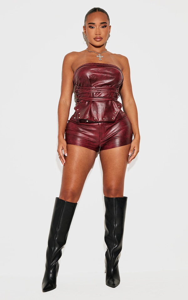 Shape Burgundy Faux Leather Studded Strap Detail Hot Pants