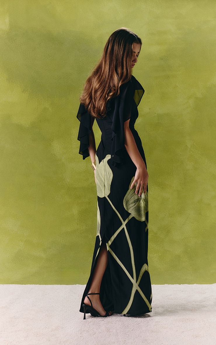 Black Floral Printed Chiffon Cape Overlay Maxi Dress image 2