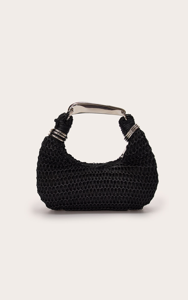 Silver Metal Handle Black Raffia Hand Bag image 4