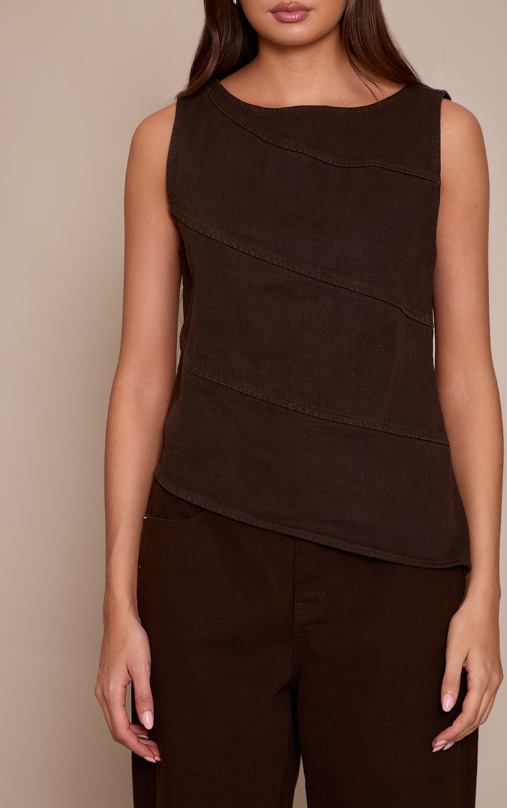 Chocolate Asymmetric Seam Detail Sleeveless Denim Top image 4