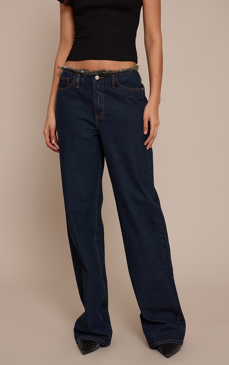 Tall Indigo Fray Waist Low Rise Straight Leg Jeans image 2