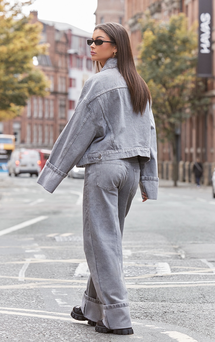 Light Grey Wash Turn Up Cuff Denim Jacket image 2