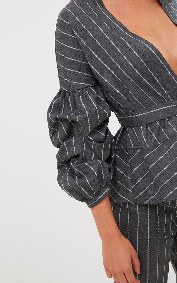 Grey Pinstripe Ruched Sleeve Blazer | PrettyLittleThing