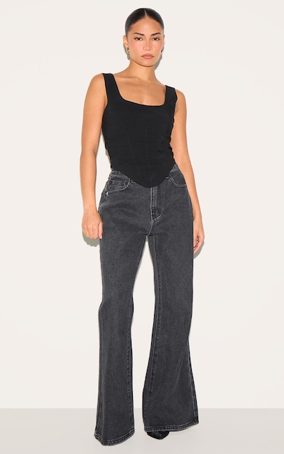 Petite Washed Black Denim Extreme Flare Jeans