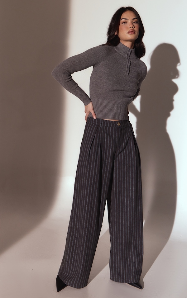 Slate Grey Brushed Pinstripe Wide Leg Pants