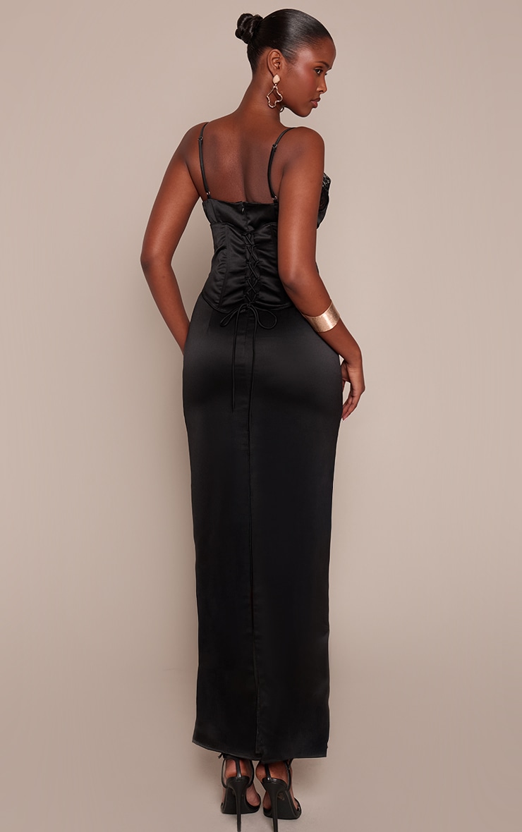 Black Satin Lace Cup Lace Back Detail Maxi Dress image 2