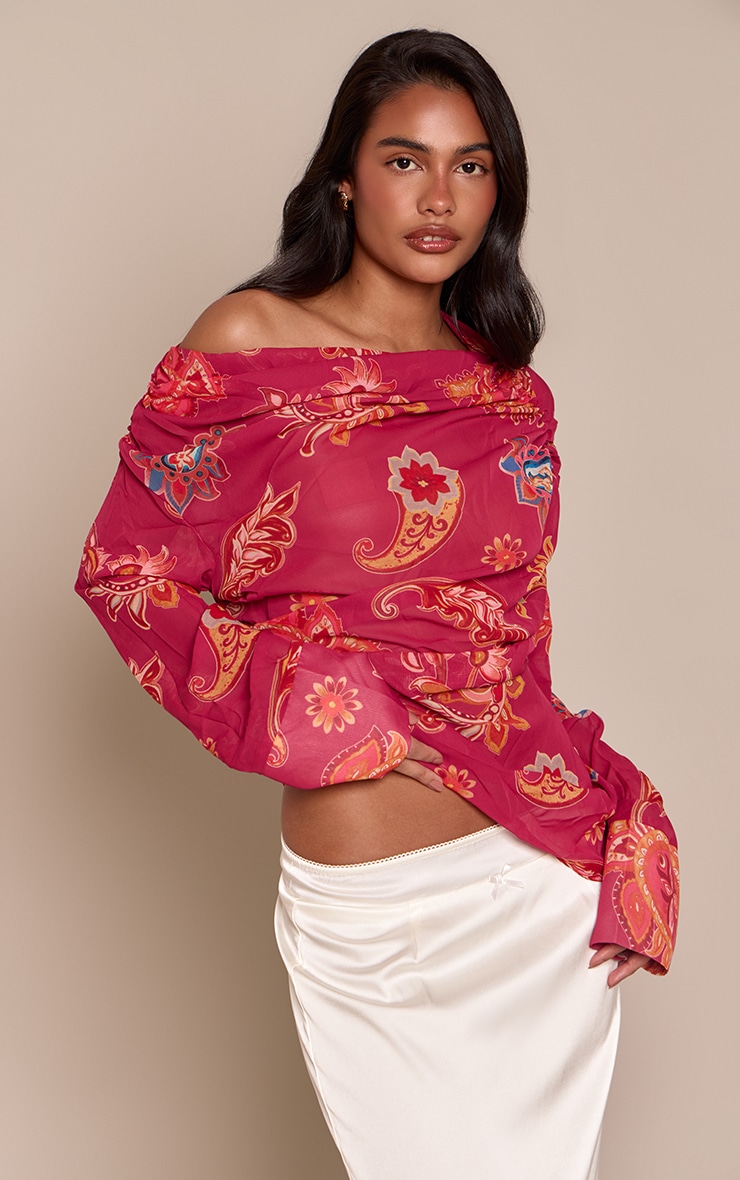 Pink Paisley Print Chiffon Drape Top
