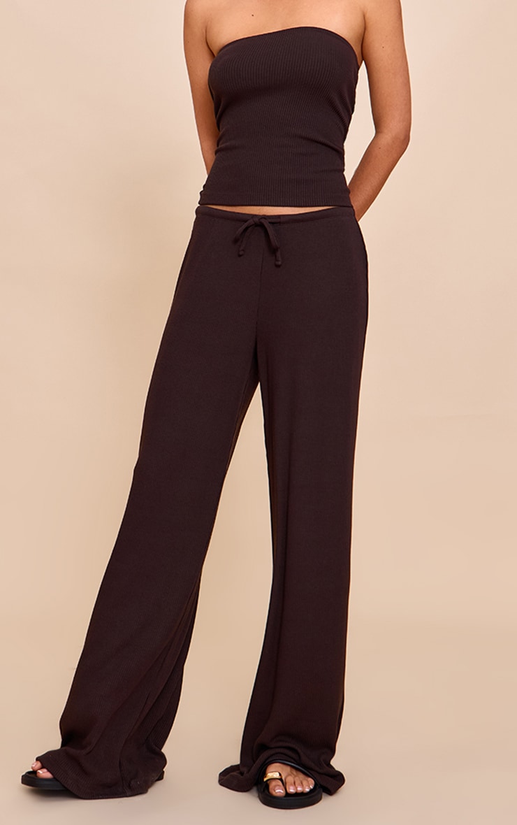 Chocolate Textured Drawstring Slouchy Wide Leg Pants image 2
