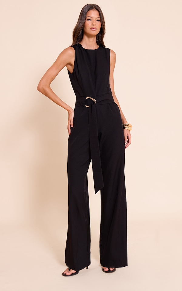 Black Woven Crew Neck Belt Wide Leg Jumpsuit