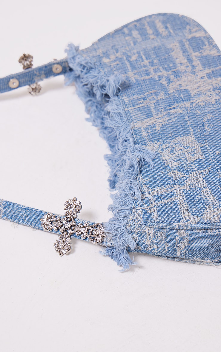 Denim Diamante Cross Frayed Edge Shoulder Bag image 4
