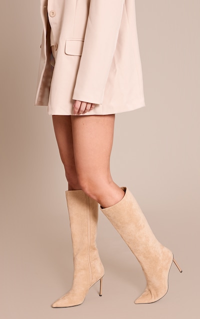 Sand Faux Suede Knee High Stiletto Heeled Boot
