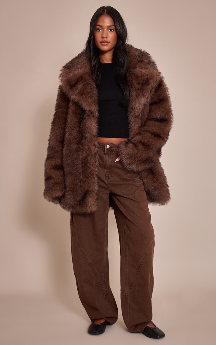Tall Brown Oversized Midi Faux Fur Coat image 3