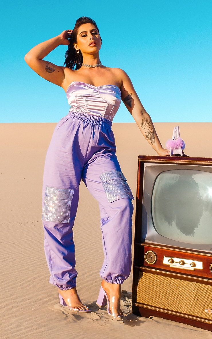 Lilac Diamante Pocket Detail Cargo Pants