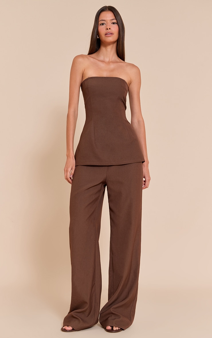 Chocolate Woven Tailored Longline Bandeau Flared Jumpsuit image 3