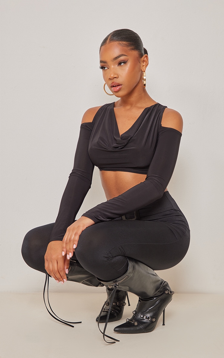 Black Slinky Cowl Neck Cold Shoulder Crop Top image 3