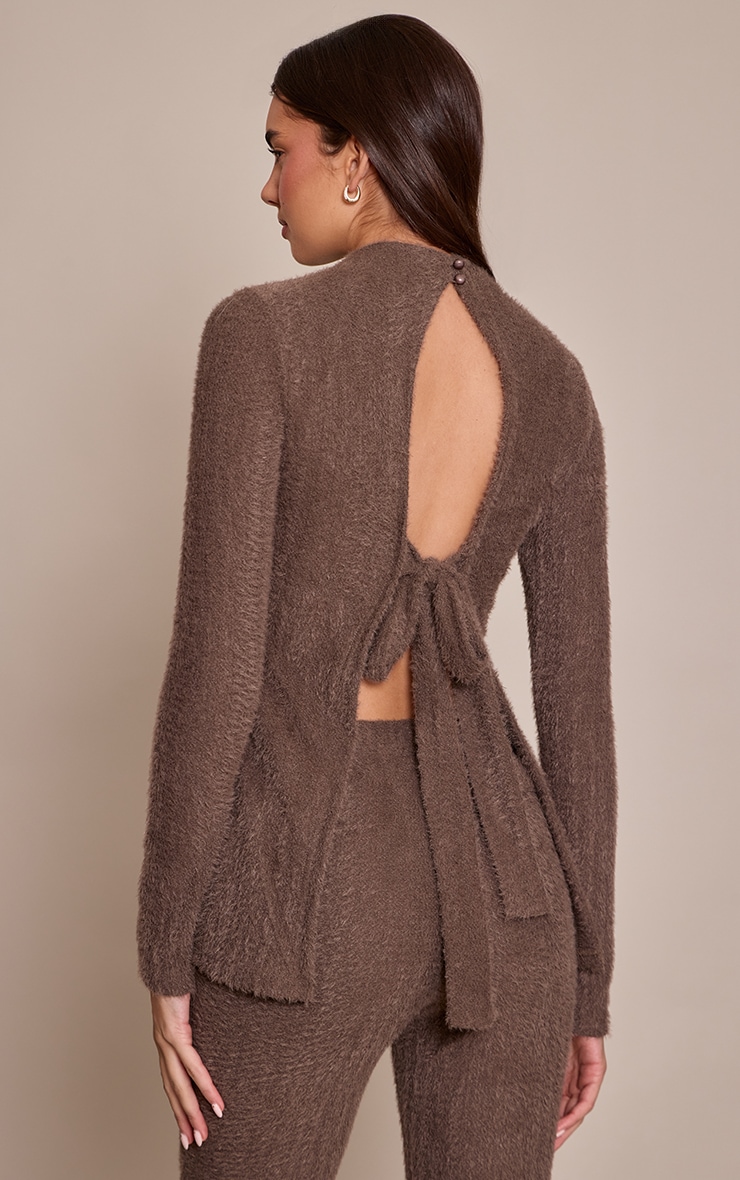 Dark Taupe Brushed Textured Tie Back Long Top image 2