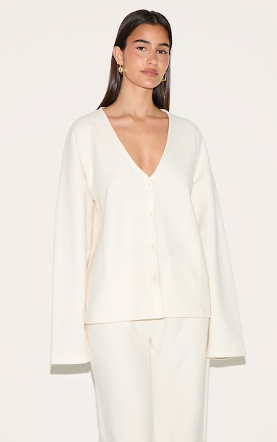 Cream Heavy Brushed Rib V Neck Button Up Cardigan