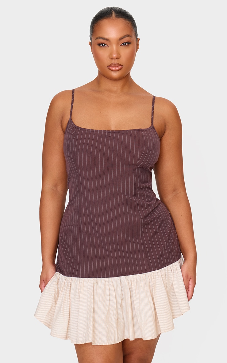 Plus Brown Contrast Pinstripe Frill Hem Shift Dress image 1