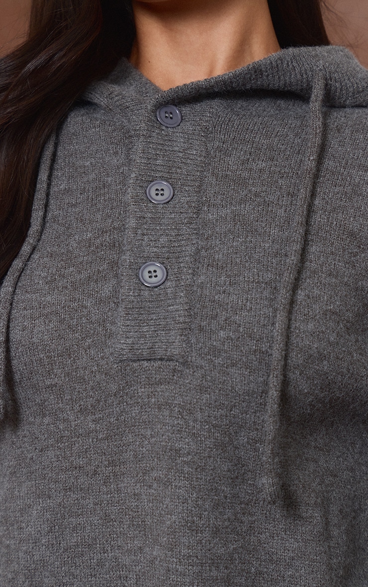 Charcoal Knitted Button Detail Oversized Hoodie  image 4