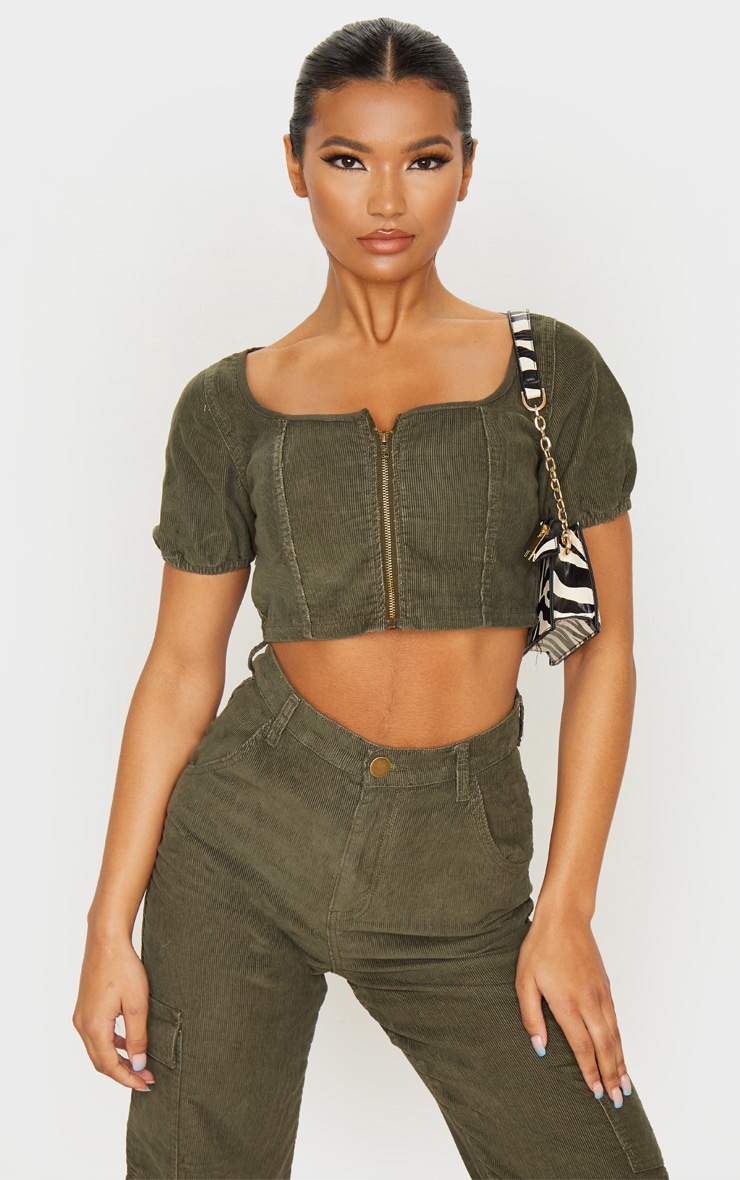 Khaki Cord Zip Through Denim Crop Top