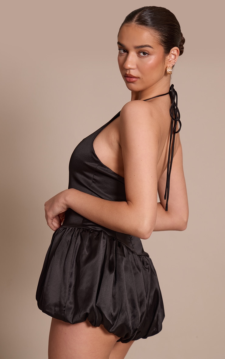 Black Satin Halterneck Puff Ball Romper image 2