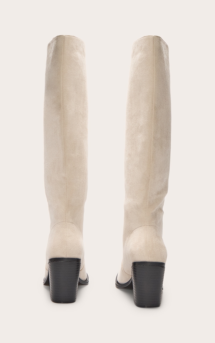 Cream Faux Suede Square Toe High Block Heel Knee High Boots image 4