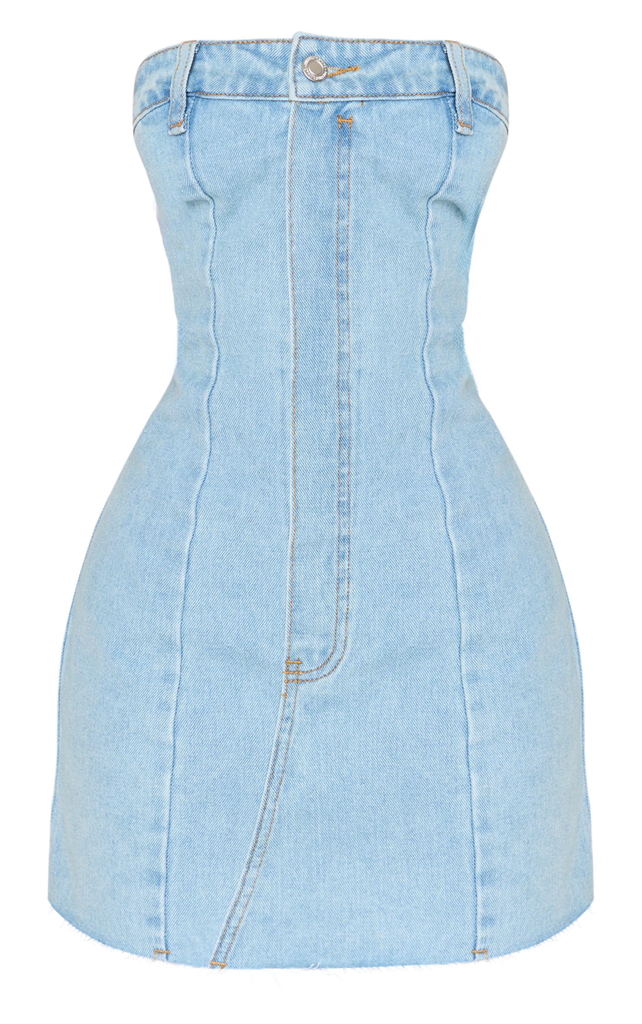 Petite Light Blue Wash Denim Bandeau Mini Dress image 5