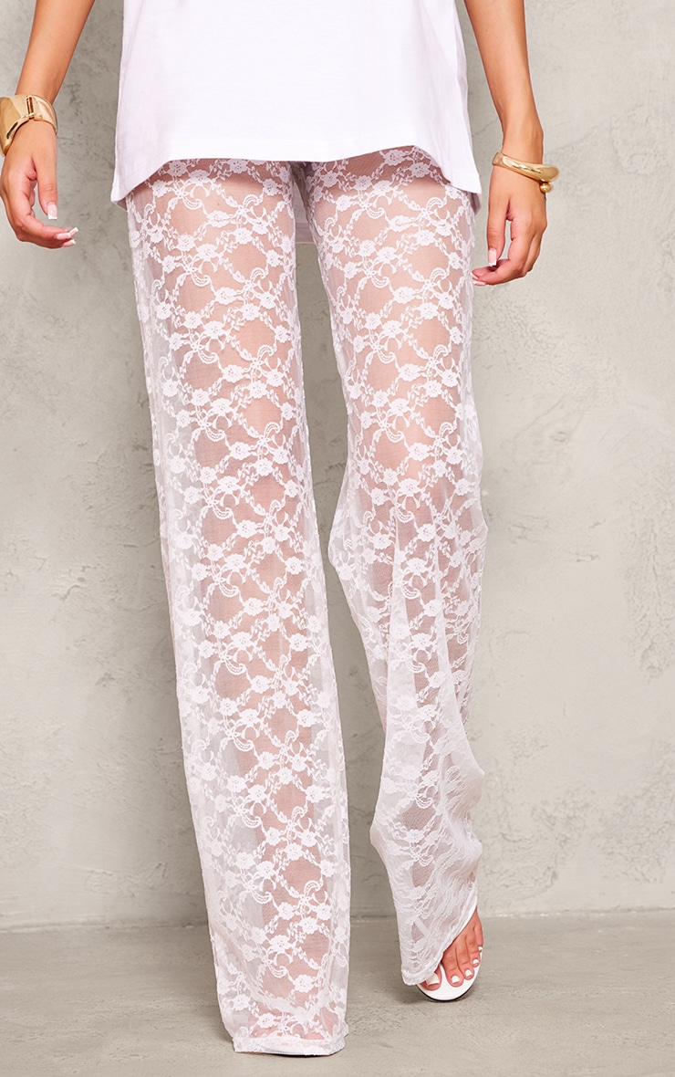 Tall White Wide Leg Lace Trousers image 2