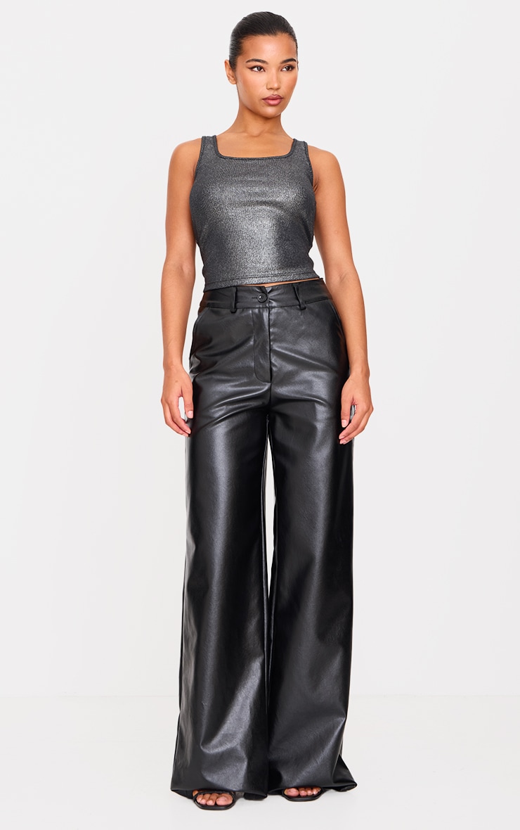 Silver Metallic Ribbed Scoop Neck Long Vest Top Tops PLT