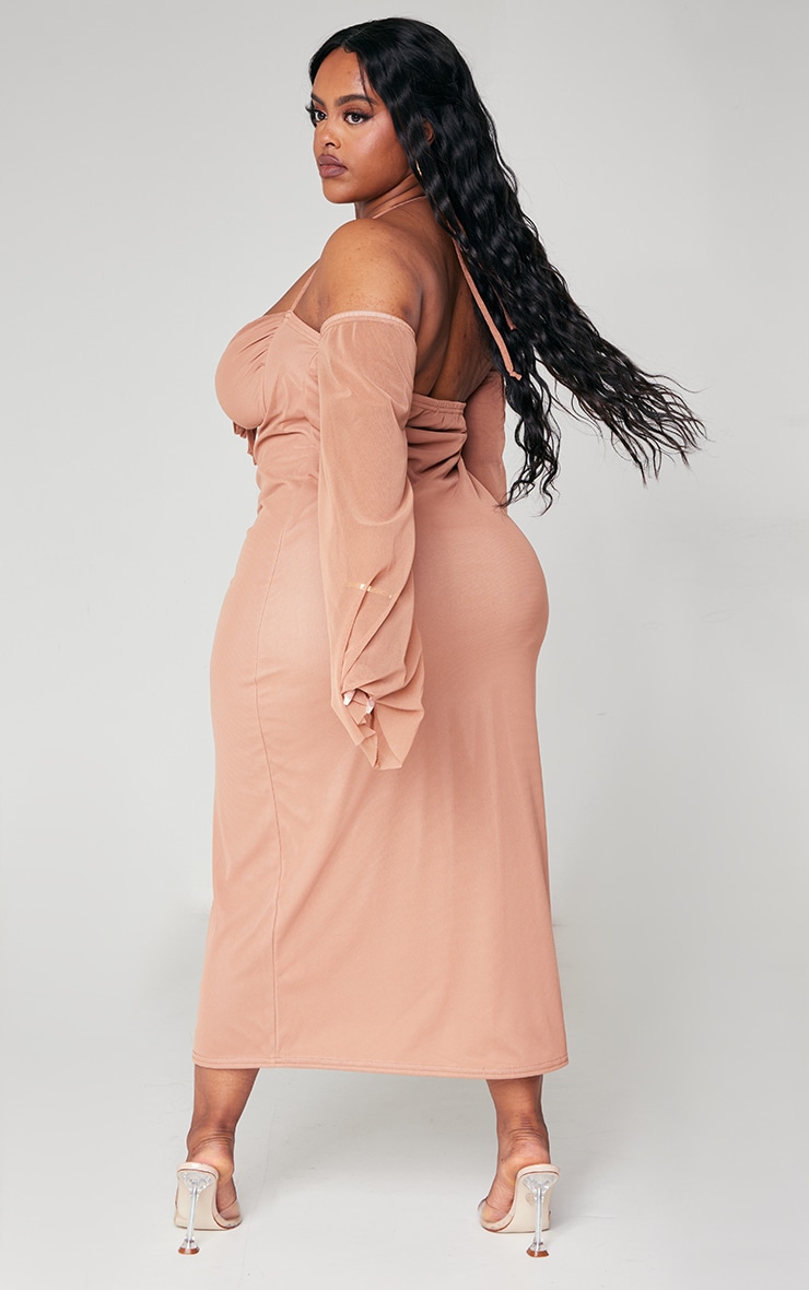 Plus Mauve Mesh Ruched Bust Sleeve Midi Dress | PrettyLittleThing 