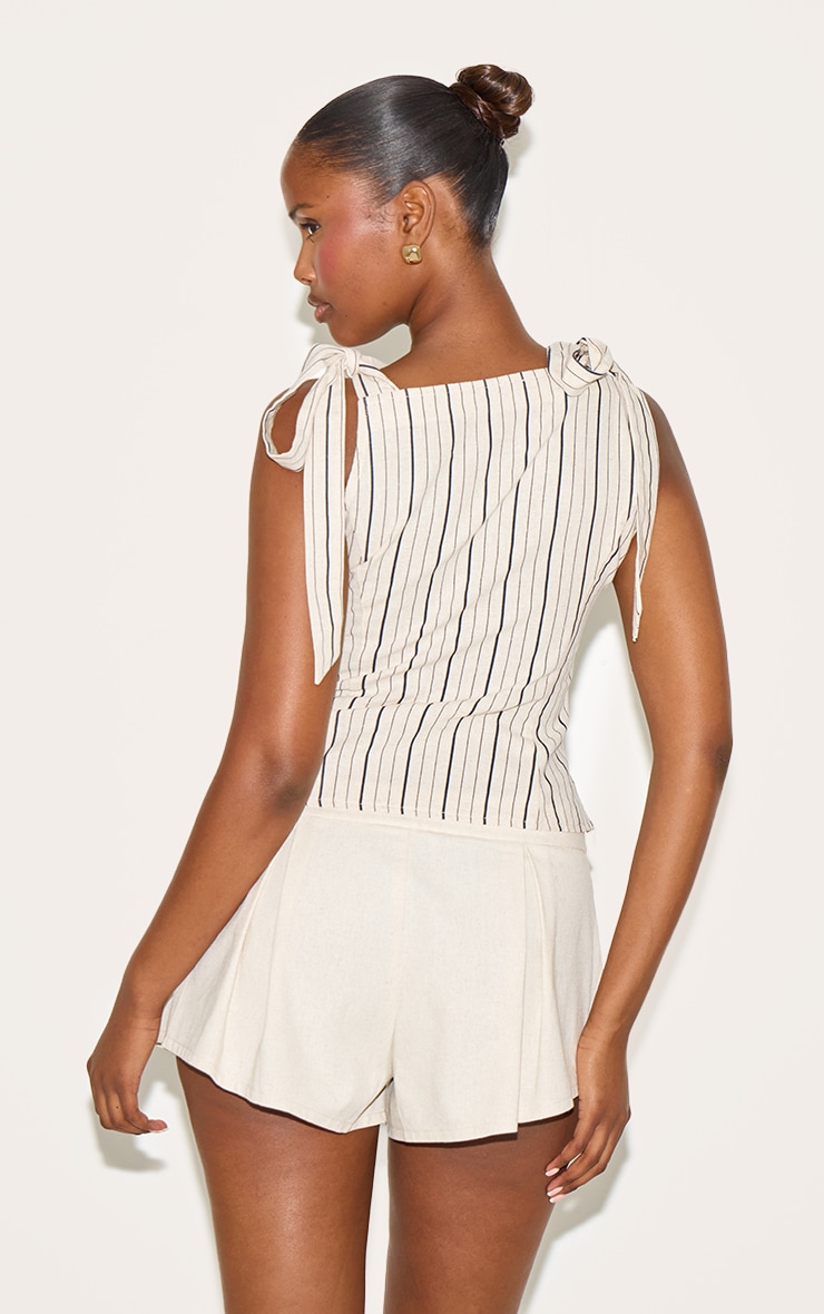 Sand Striped Linen-Blend Shoulder Tie Detail Top image 2