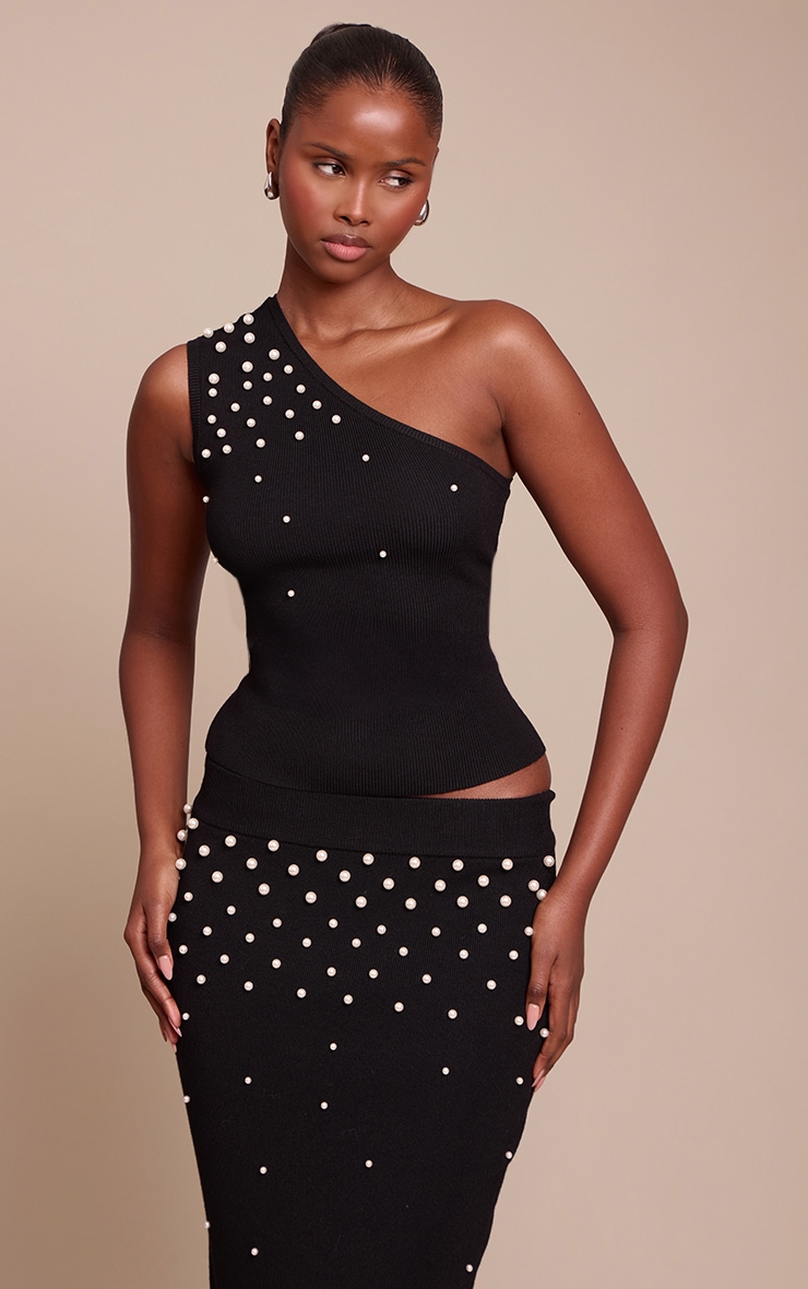 Pearl Trim Detail Asymmetric Knitted Top image 1