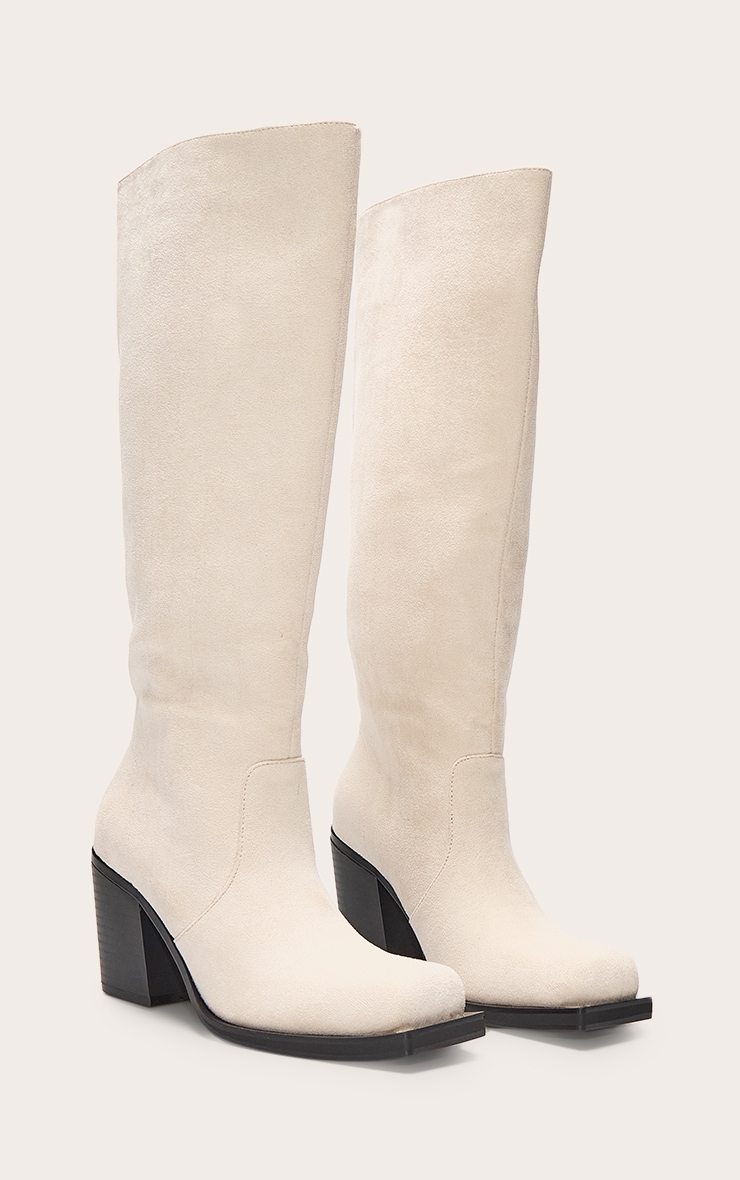 Cream Faux Suede Square Toe High Block Heel Knee High Boots image 3