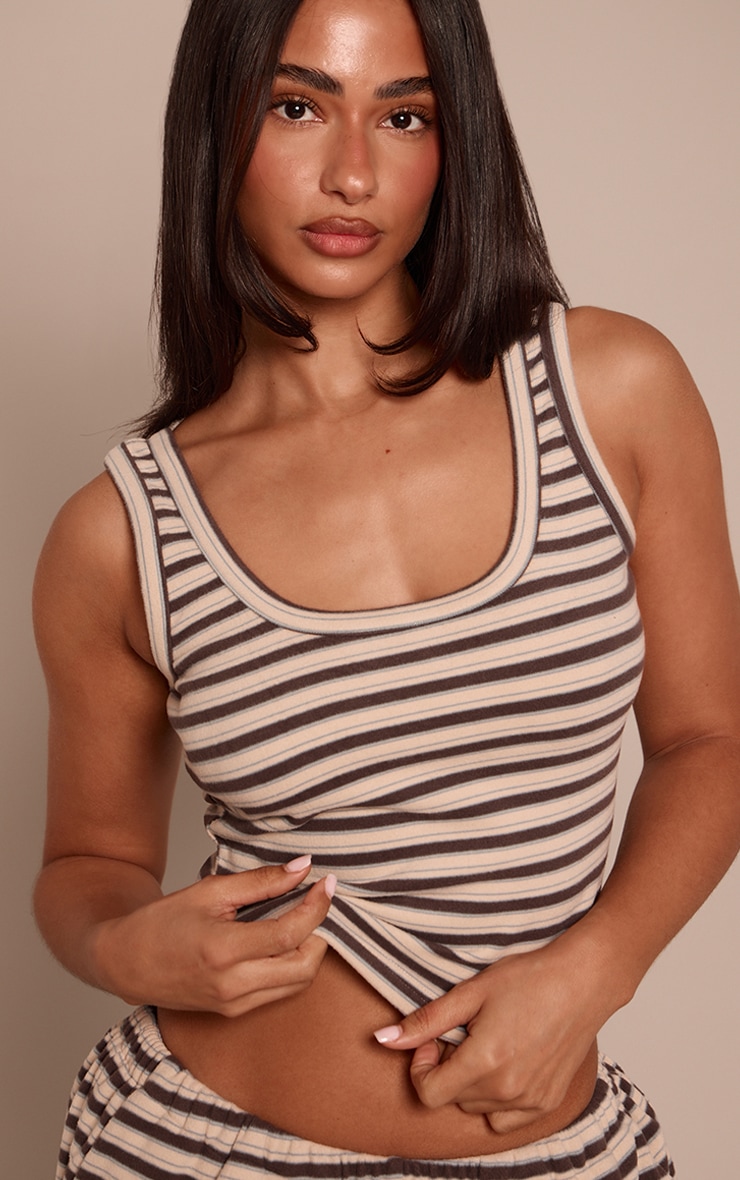 Petite Brown Striped Soft Fleece Scoop Tank Top