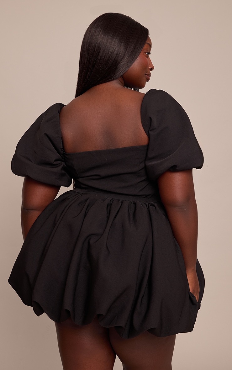 Plus Black Woven Diamante Trim Puffball Mini Dress image 2