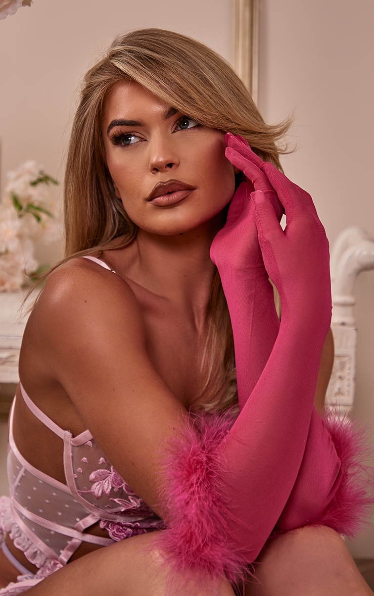 Pink Feather Trim Gloves