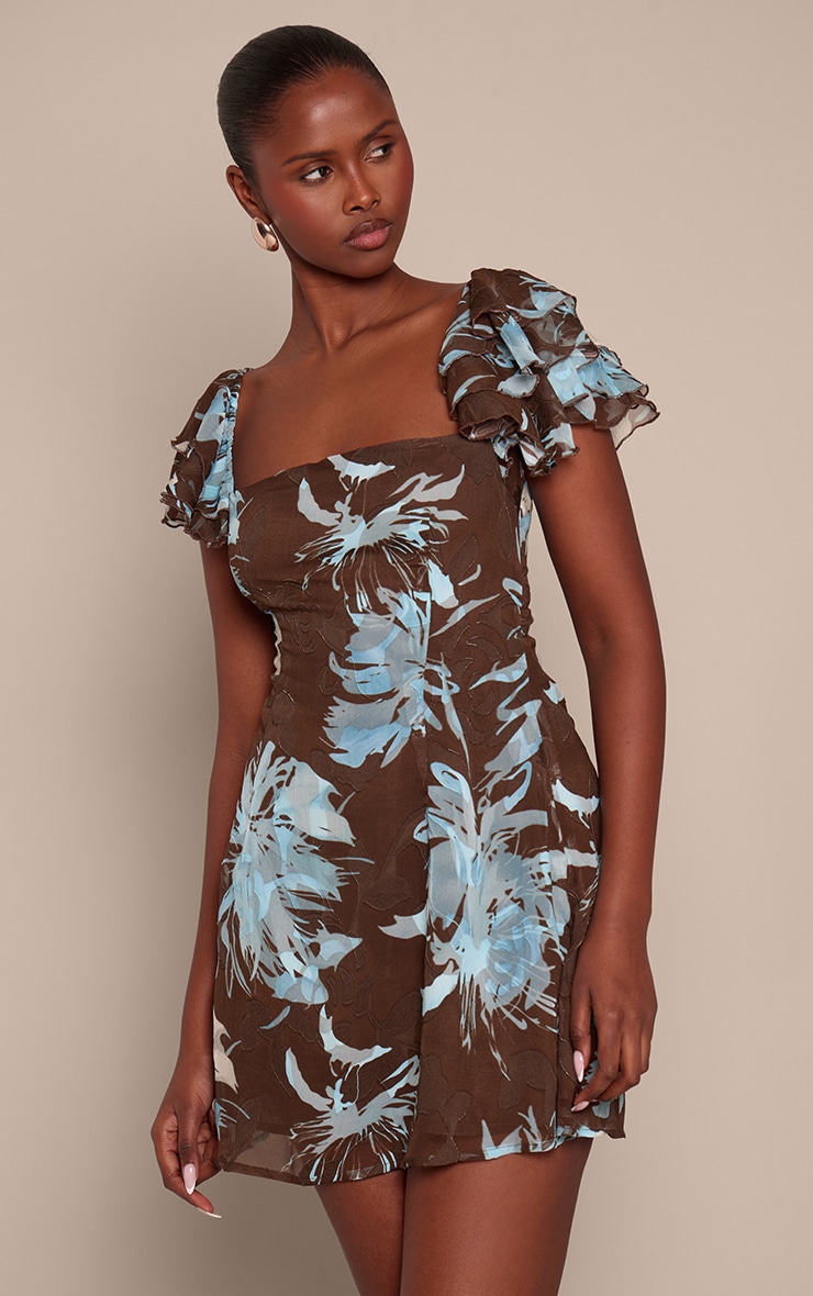 Blue Floral Burnout Chiffon Square Neck Mini Shift Dress