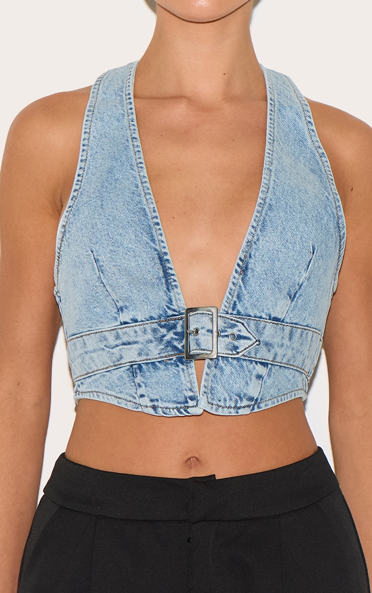 Top en jean bleu clair délavé à boucle devant et dos nu image 4