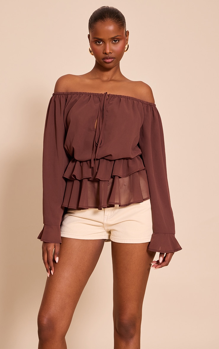 Chocolate Chiffon Bardot Frill Detail Long Sleeve Top image 1