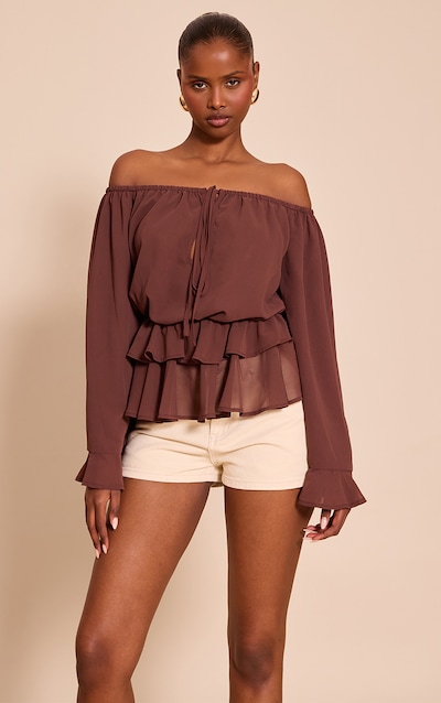 Chocolate Chiffon Bardot Frill Detail Long Sleeve Top