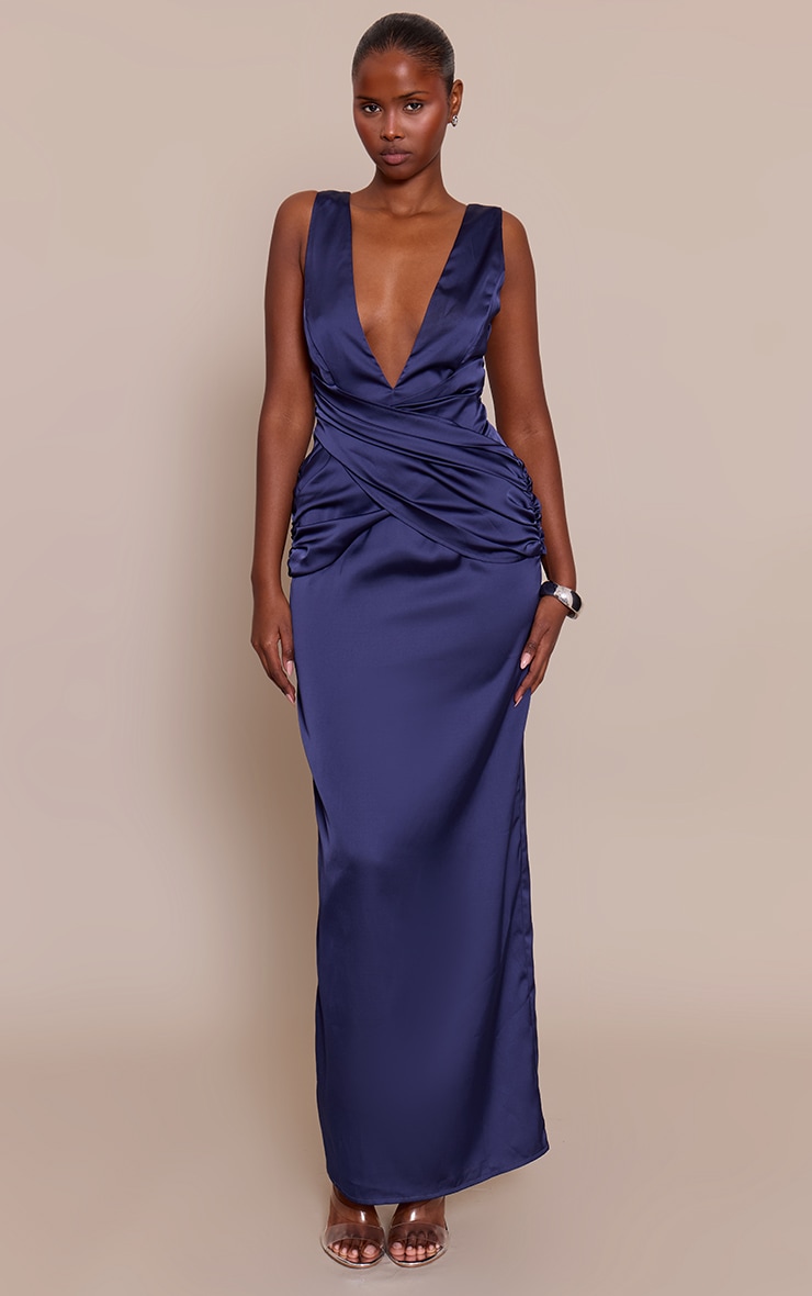 Navy Satin Plunge Drape Maxi Dress image 1