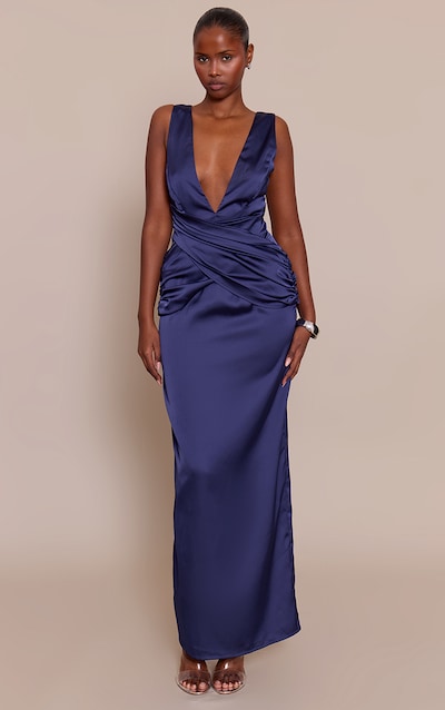 Navy Satin Plunge Drape Maxi Dress