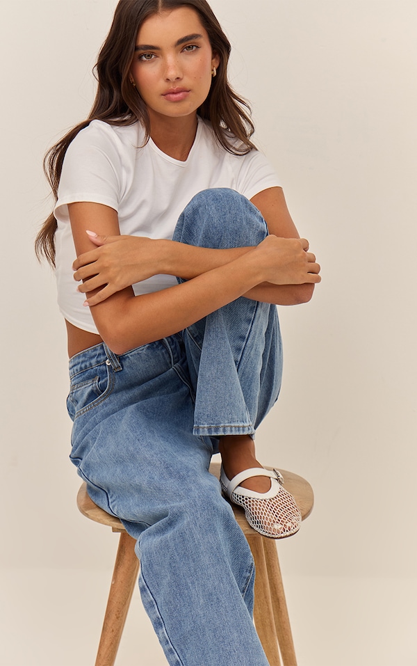 PRETTYLITTLETHING Mid Blue Wash High Waist Boyfriend Jeans