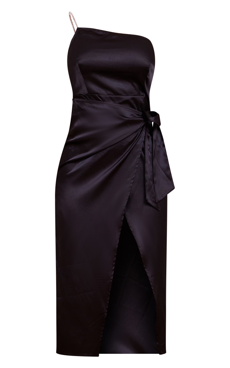 Black Diamante Strap One Shoulder Wrap Midi Dress PrettyLittleThing
