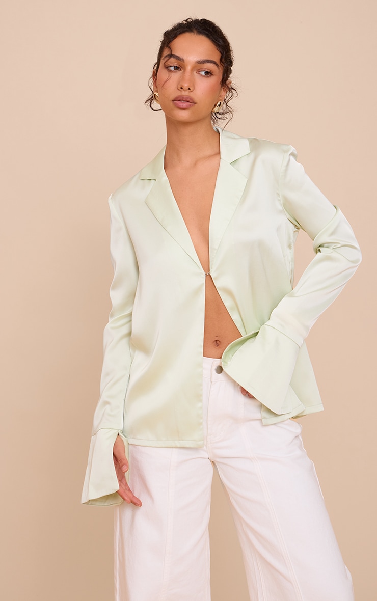 Mint Satin Hook And Eye Detail Oversized Shirt image 1
