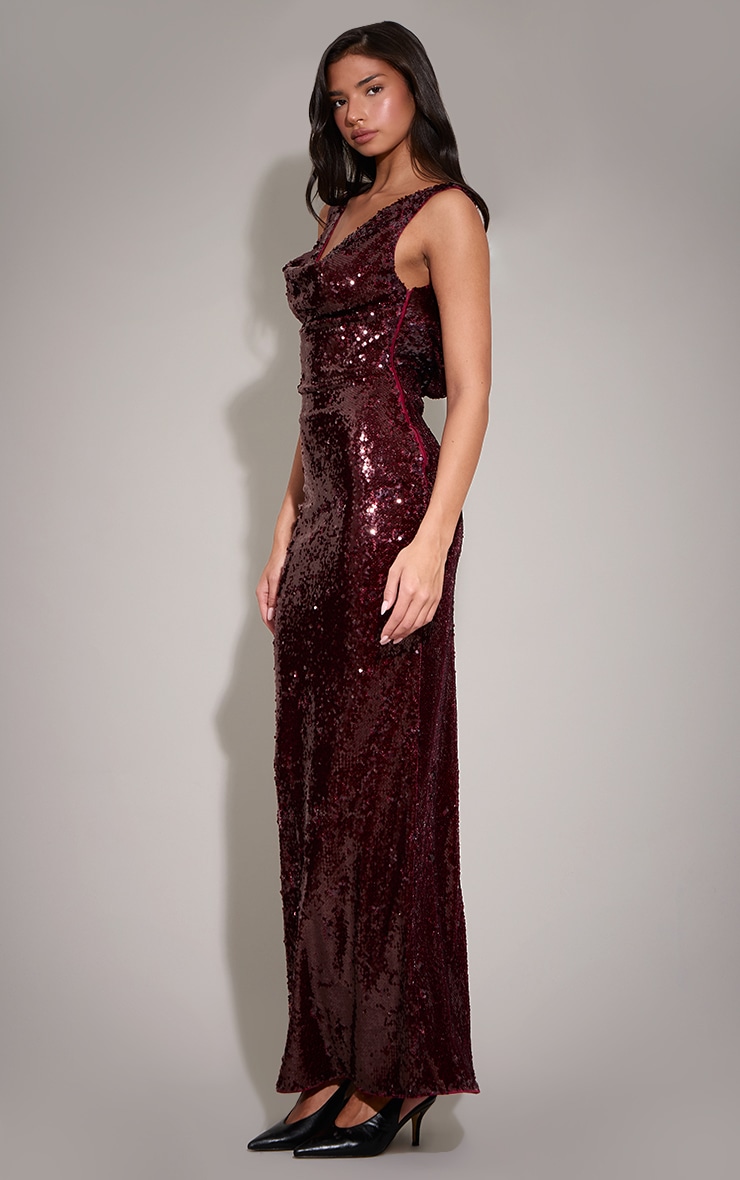 Wine Sequin Cowl Maxi Dress image 3