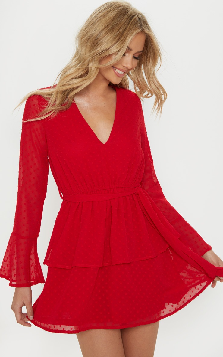 Red v neck skater dress hot sale