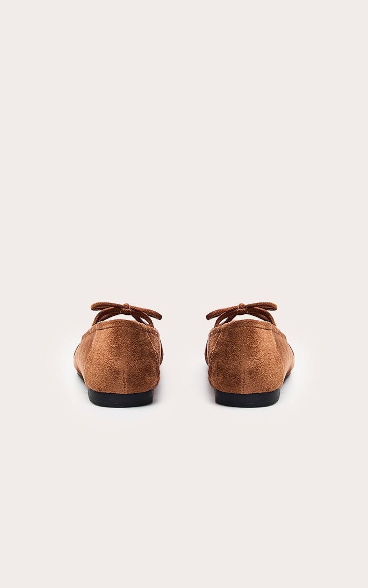Tan Faux Suede Bow Ruched Square Toe Ballet Flats image 4